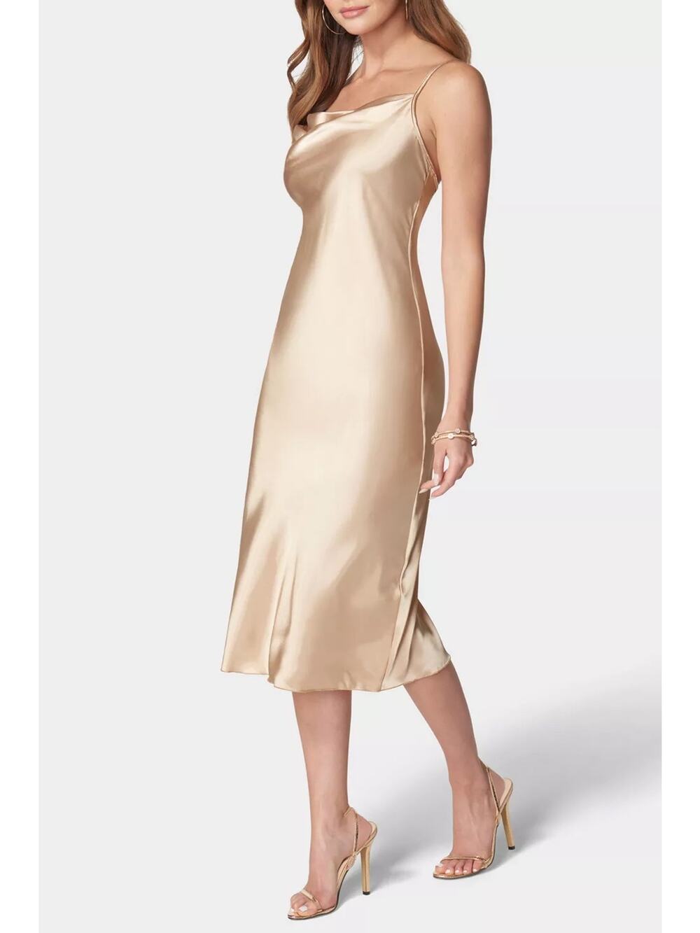 Bebe Satin Cowl Neck Midi Slip‎ Dress Gold Size M Glam Party Cocktail Dress NWT